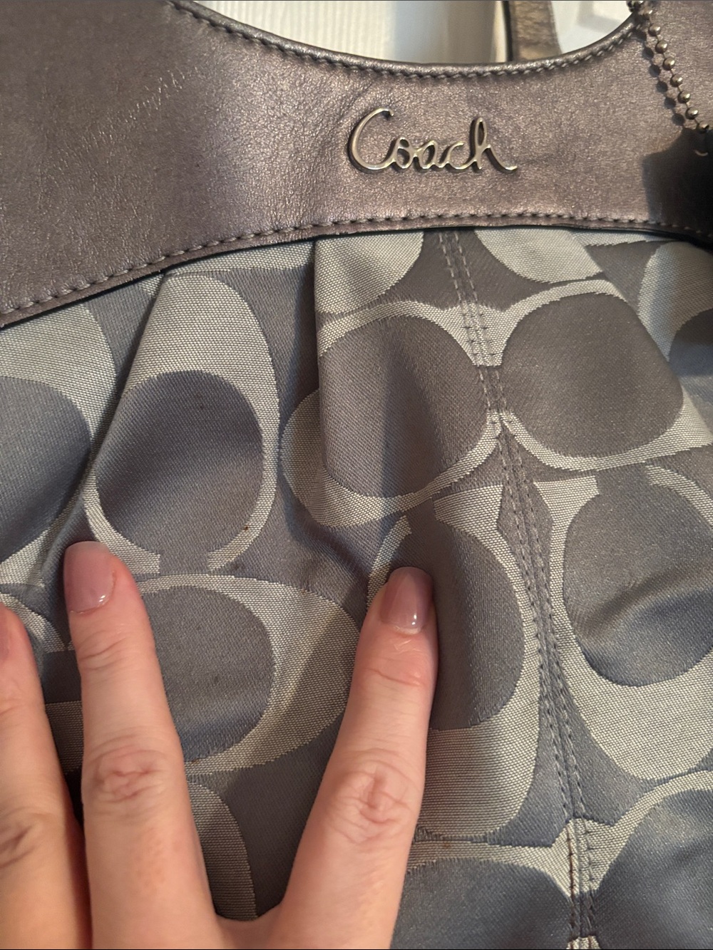 Coach Gray Signature Canvas Shoulder Bag with Leather Trim - Picture 7 of 14